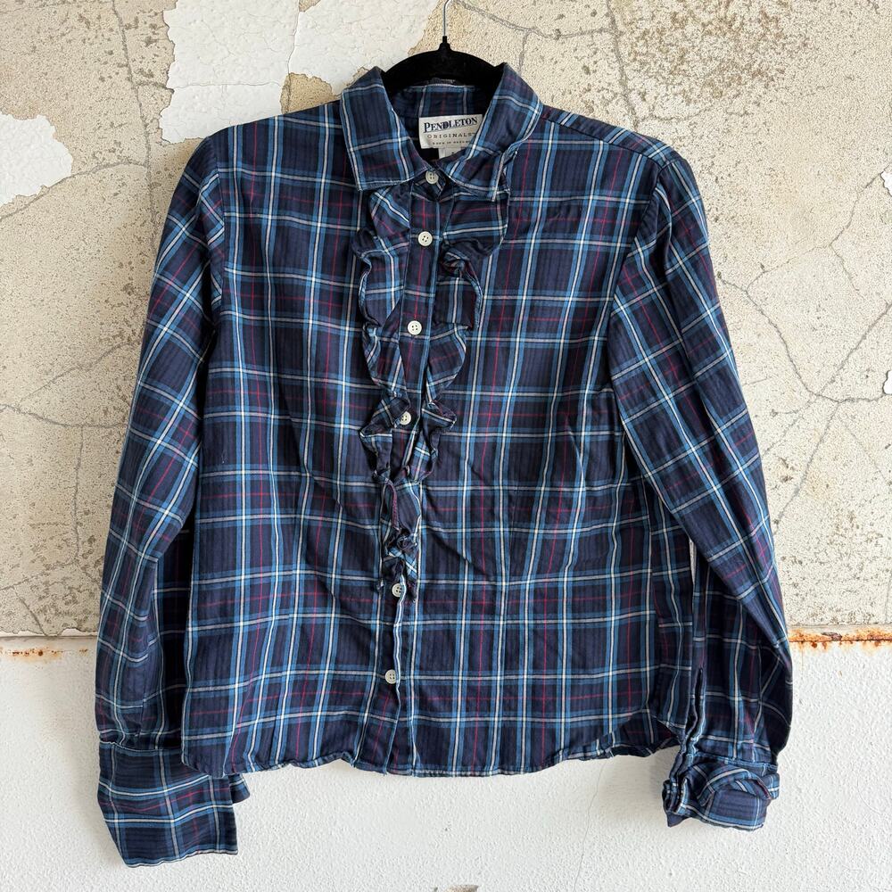 Vtg Pendleton Top Plaid Ruffle Blouse 100% Cotton Hong Kong Womens S Classic